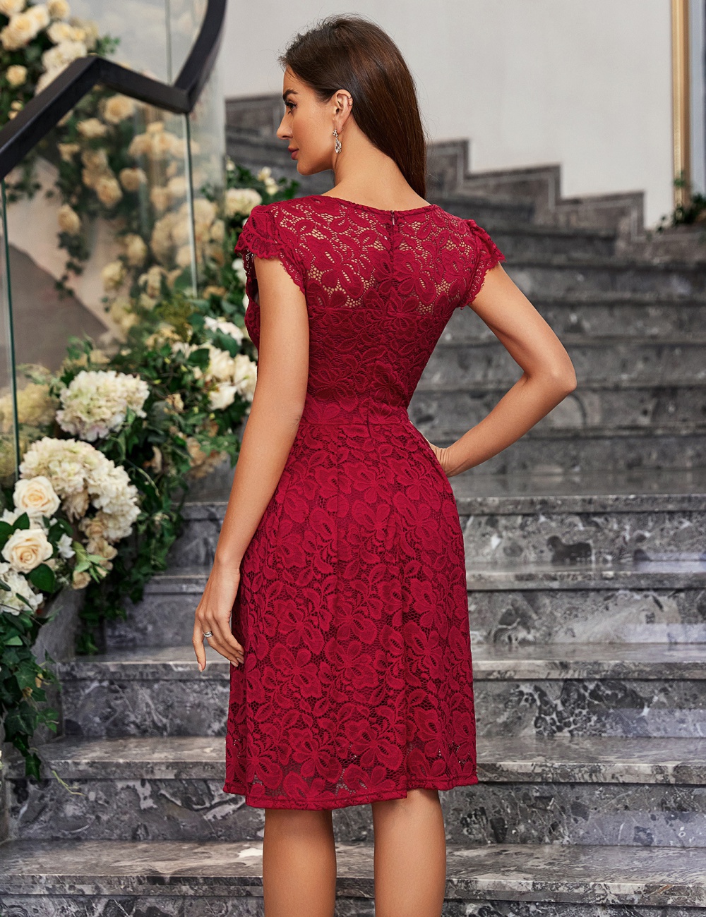 European style lace sleeveless spring and summer pure V-neck dress