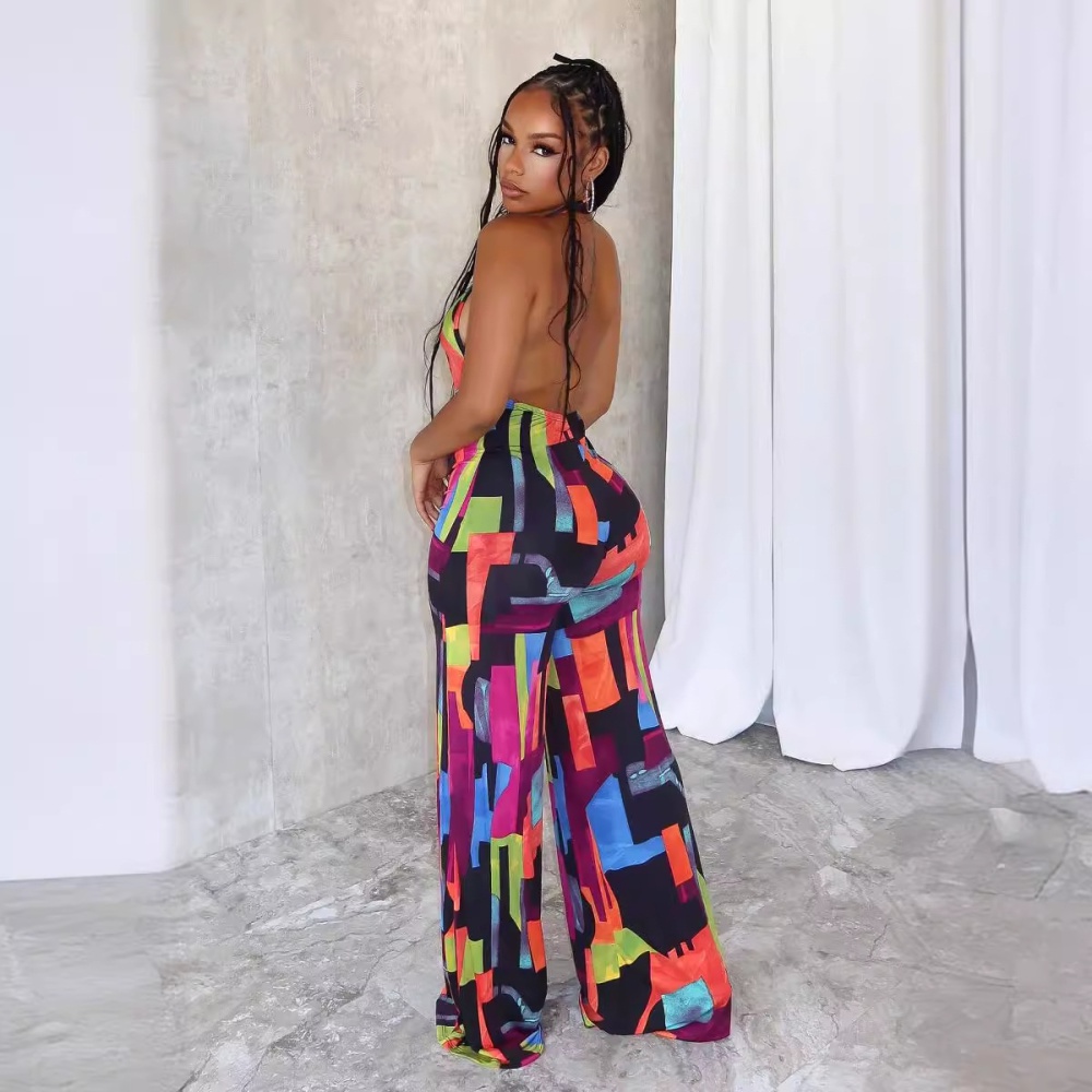 Cross printing sexy halter elasticity jumpsuit