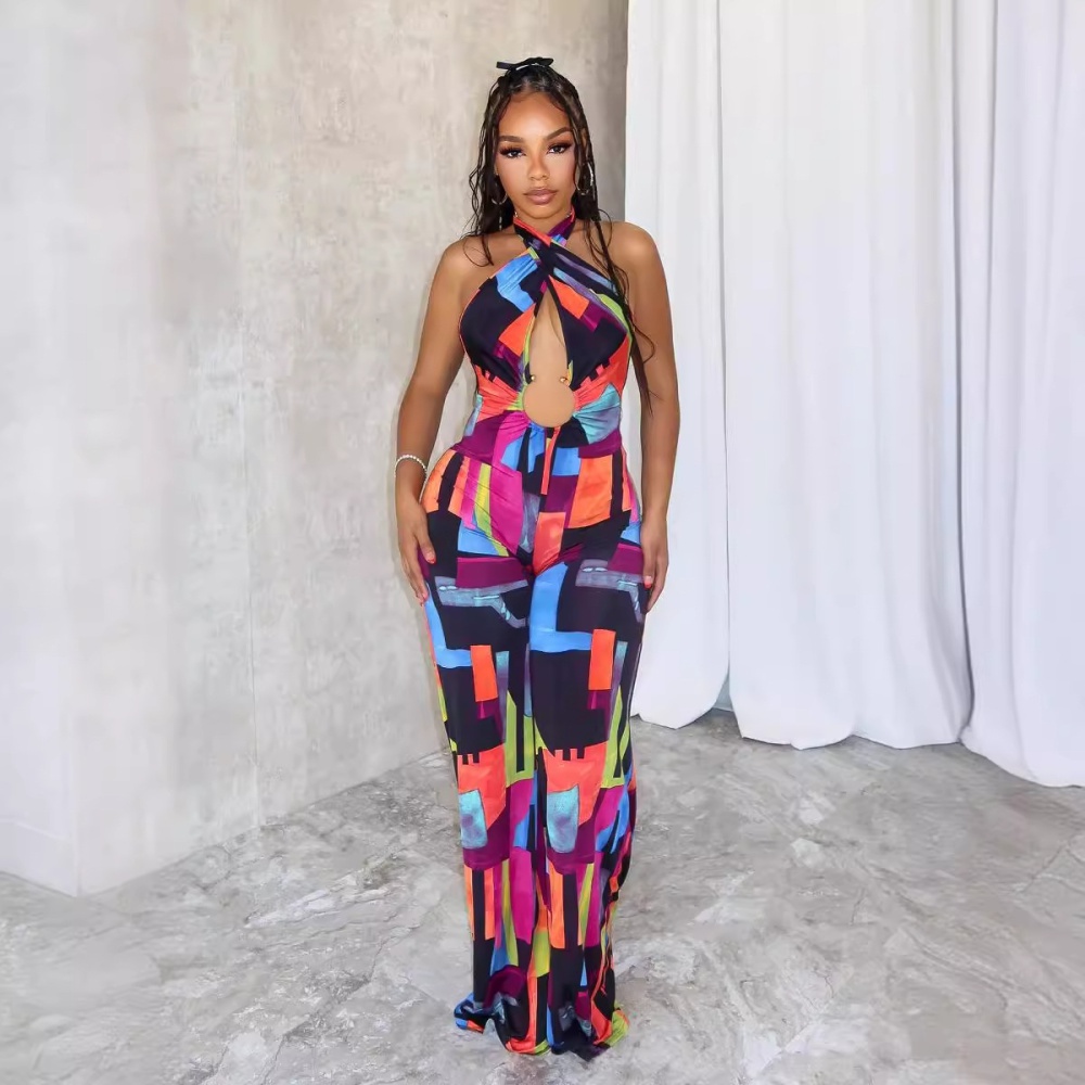 Cross printing sexy halter elasticity jumpsuit