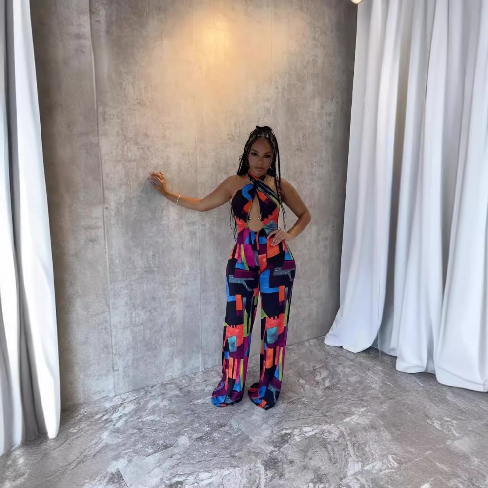 Cross printing sexy halter elasticity jumpsuit