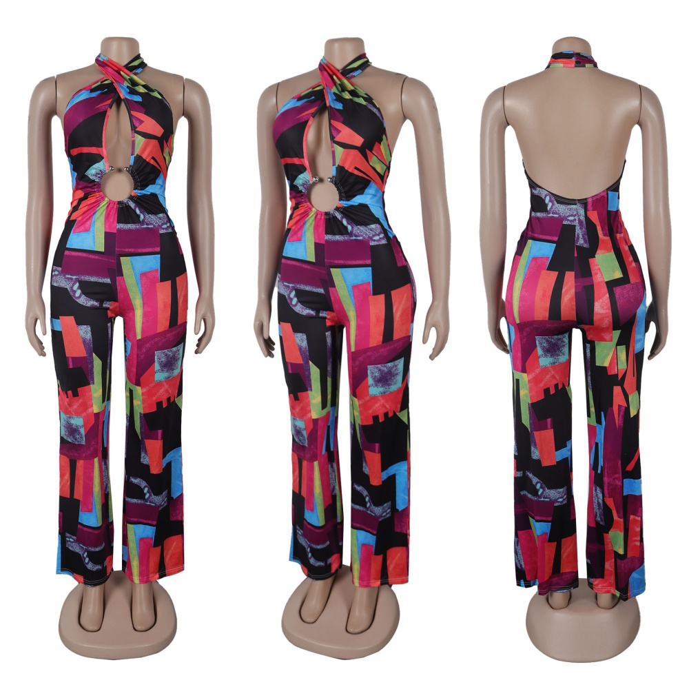 Cross printing sexy halter elasticity jumpsuit