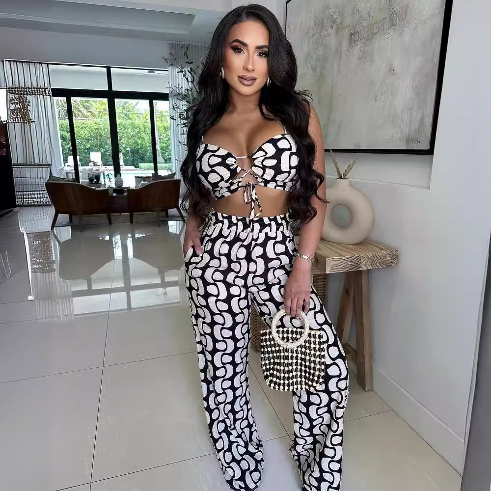 Bandage hollow printing wide leg pants 2pcs set