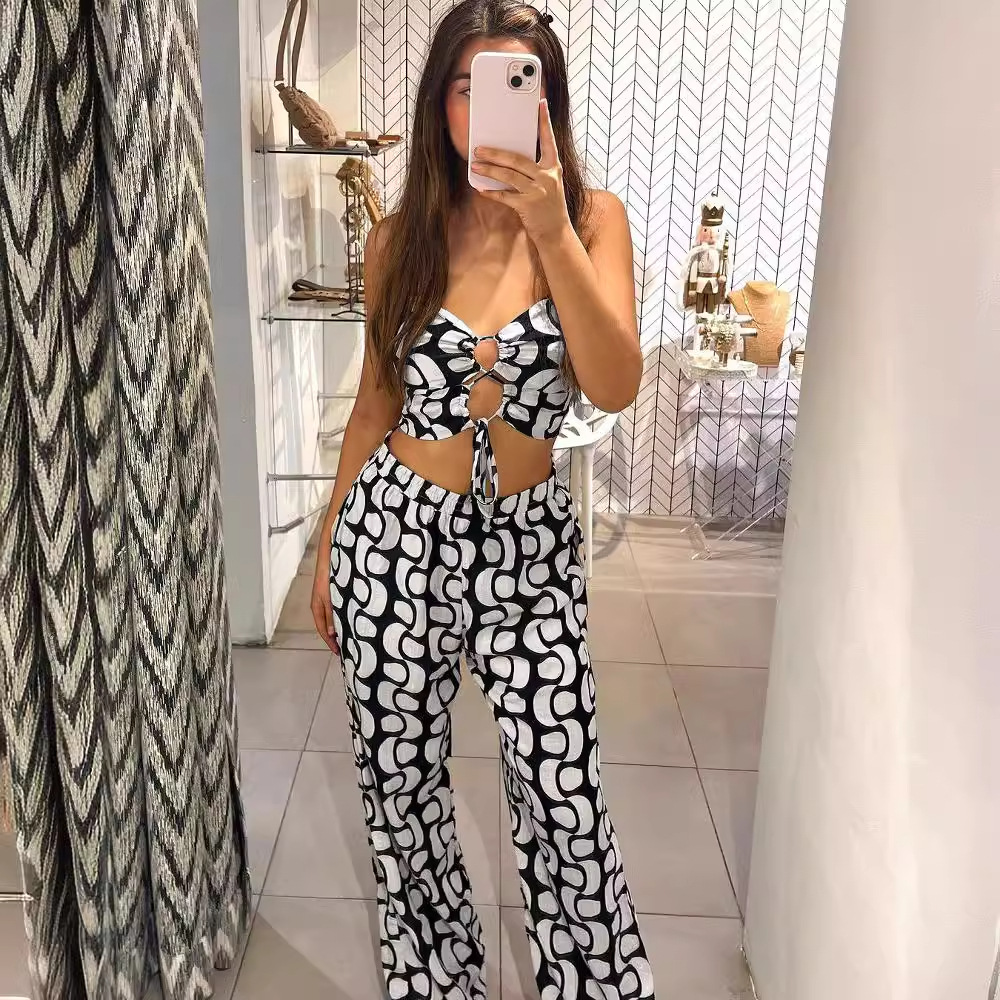 Bandage hollow printing wide leg pants 2pcs set