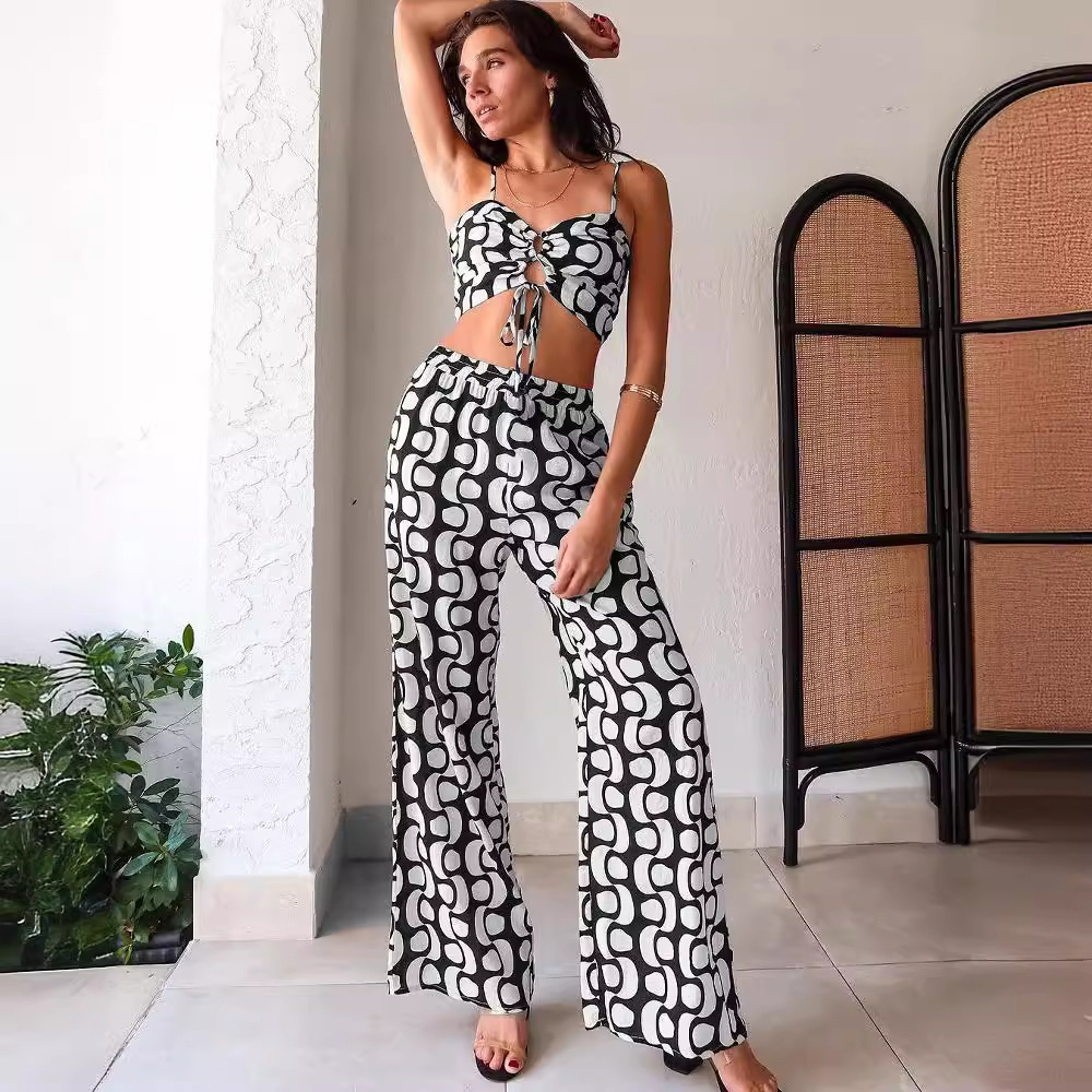 Bandage hollow printing wide leg pants 2pcs set