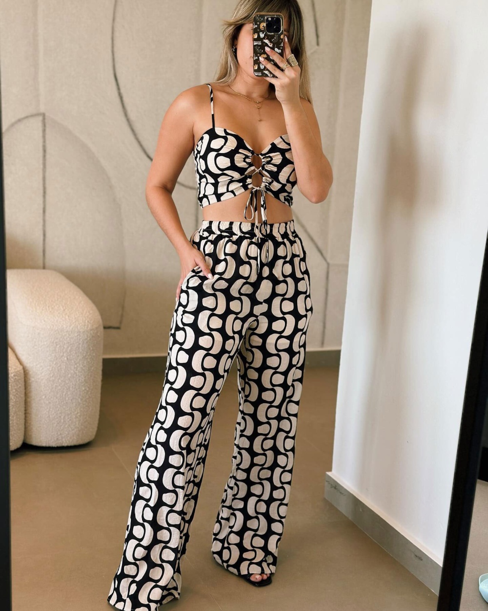 Bandage hollow printing wide leg pants 2pcs set