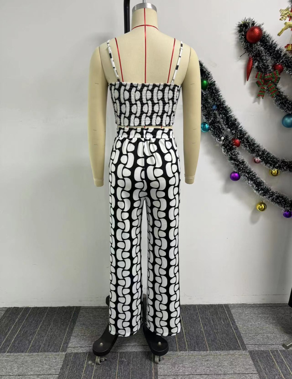 Bandage hollow printing wide leg pants 2pcs set