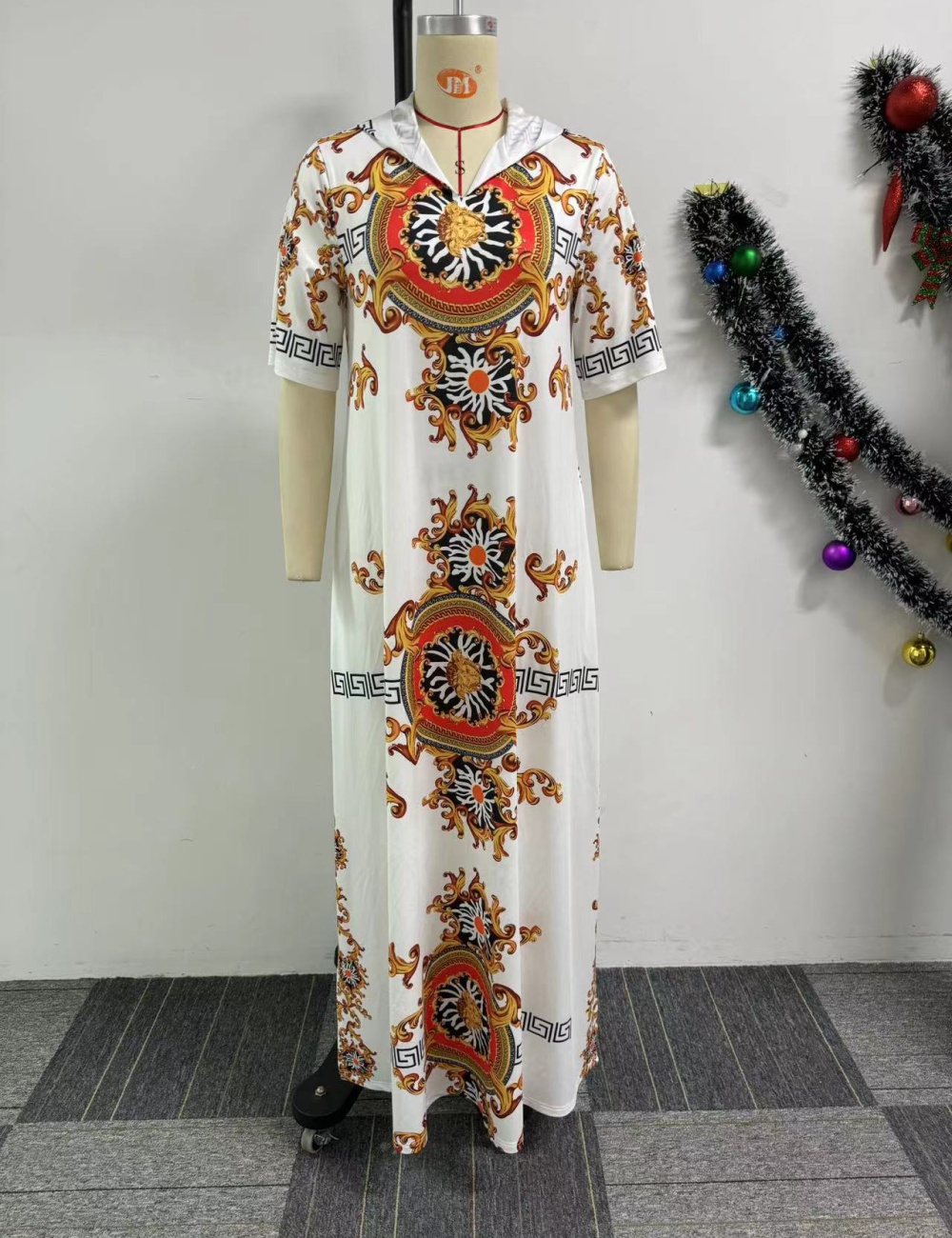 Short sleeve European style split printing hooded dress