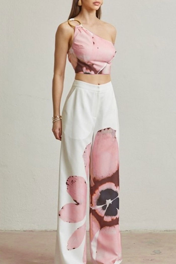 Slim shoulder printing wide leg pants 2pcs set