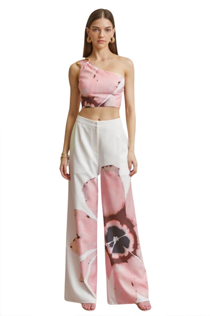 Slim shoulder printing wide leg pants 2pcs set