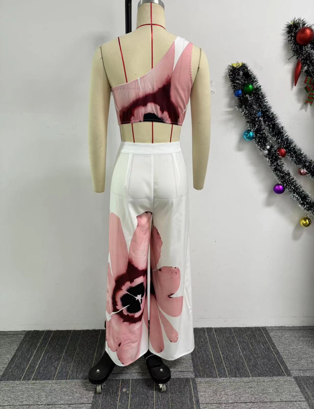 Slim shoulder printing wide leg pants 2pcs set