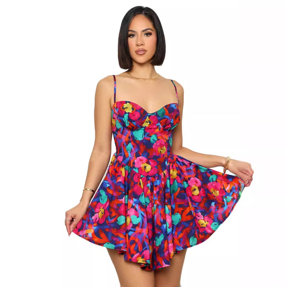 Pinched waist sling European style printing dress