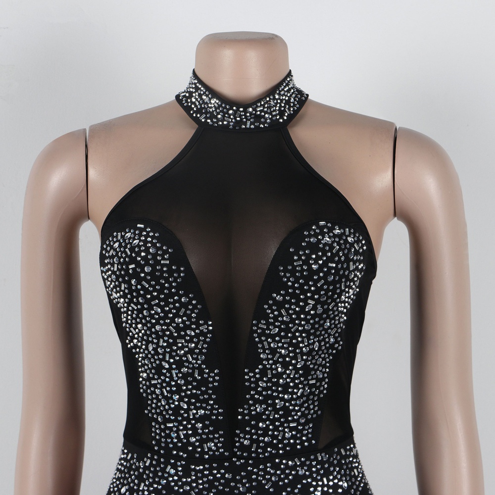 Rhinestone elasticity perspective halter jumpsuit