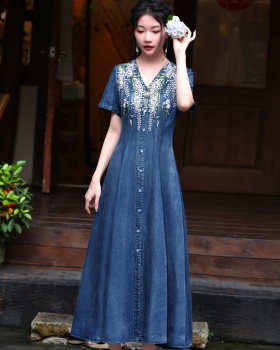 Summer retro long dress embroidery slim cardigan