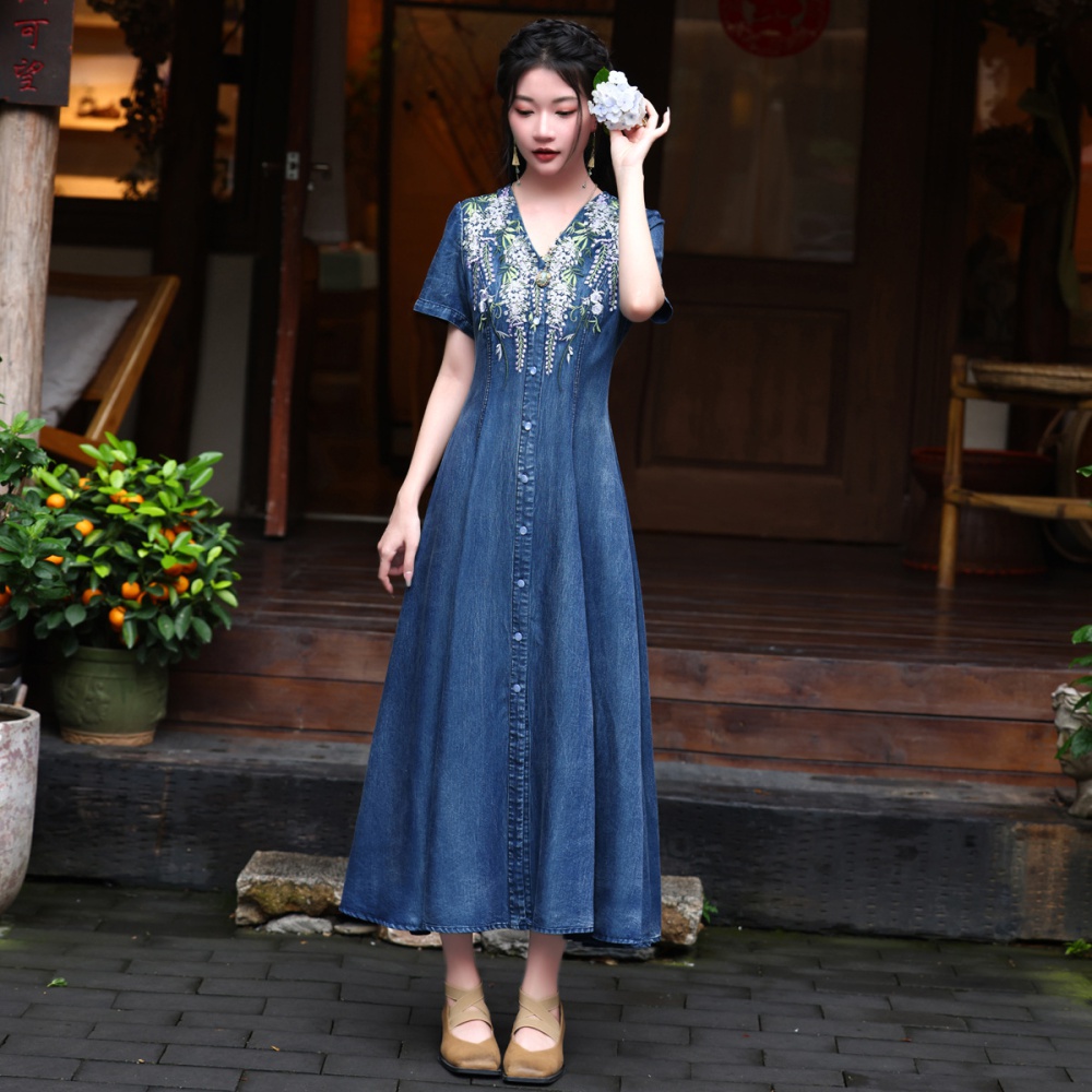 Summer retro long dress embroidery slim cardigan