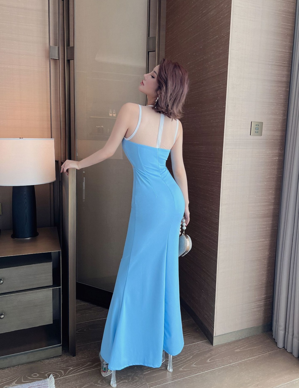 Low-cut gauze long dress temperament catwalk dress