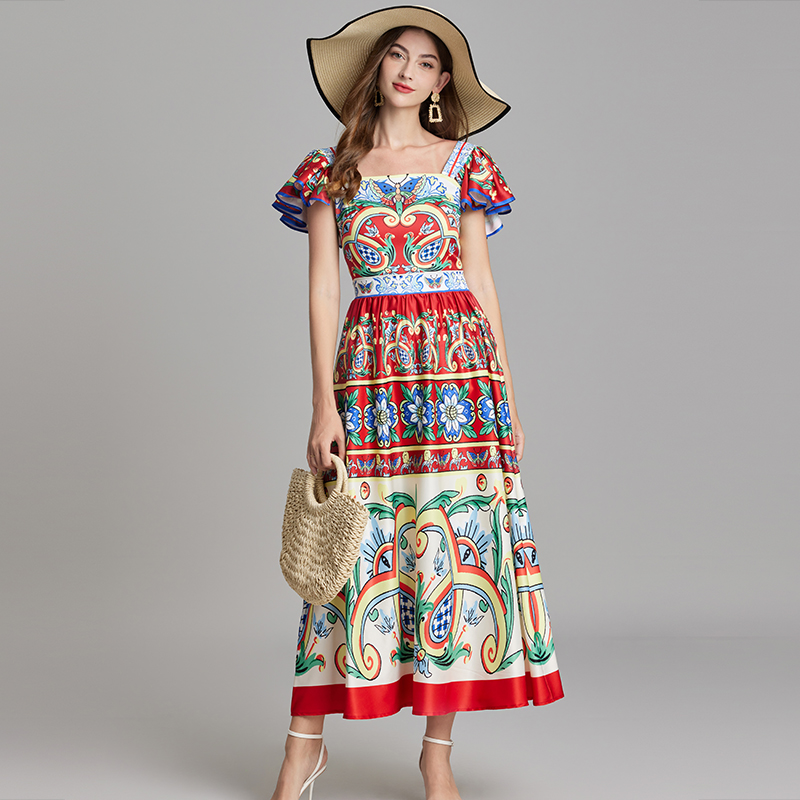 Printing A-line summer big skirt high waist slim dress