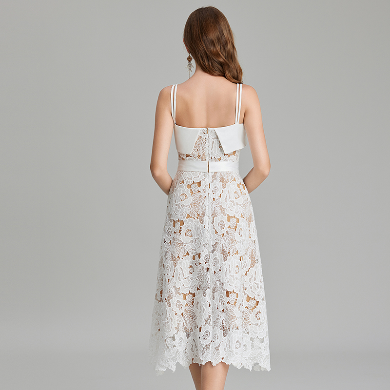 A-line embroidery splice bandage pinched waist lace dress