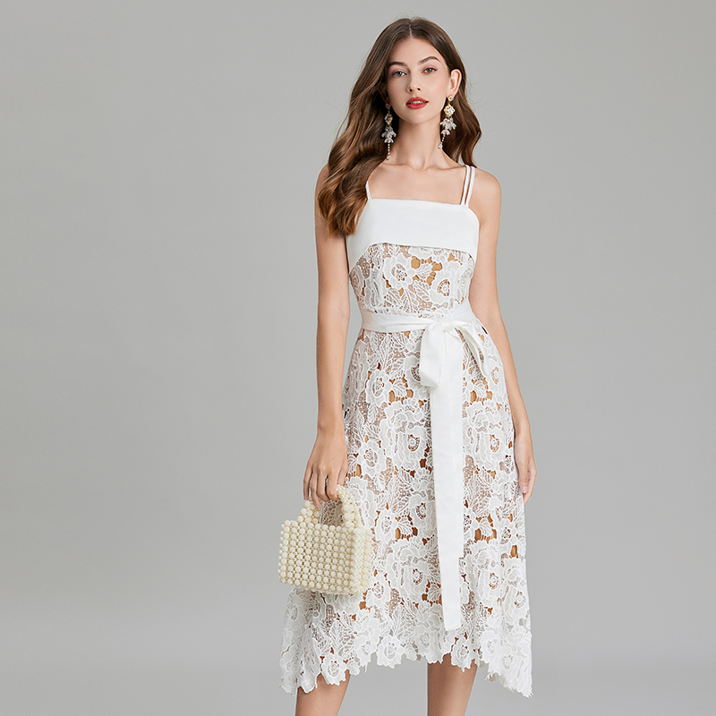 A-line embroidery splice bandage pinched waist lace dress