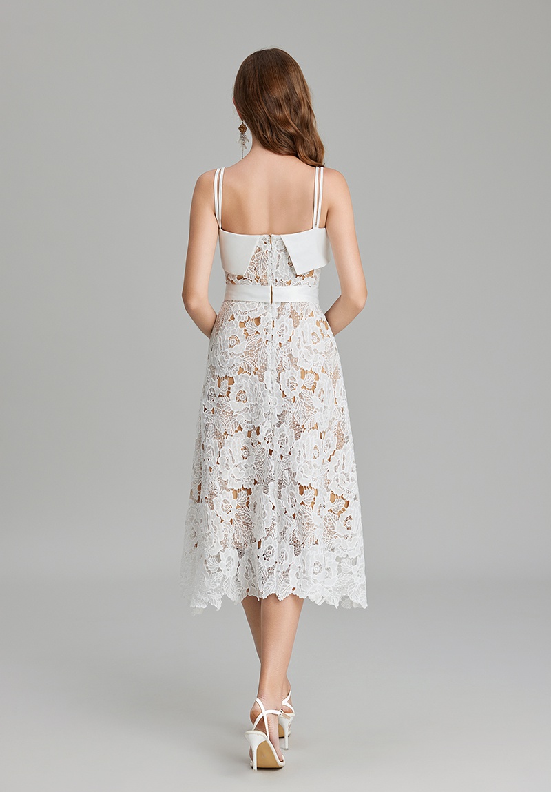 A-line embroidery splice bandage pinched waist lace dress