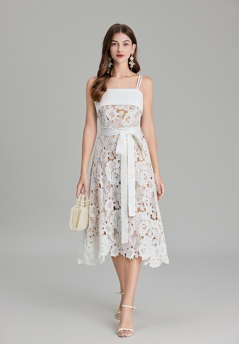 A-line embroidery splice bandage pinched waist lace dress