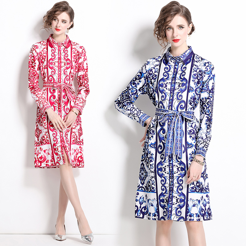 Printing with belt shirt European style loose dress