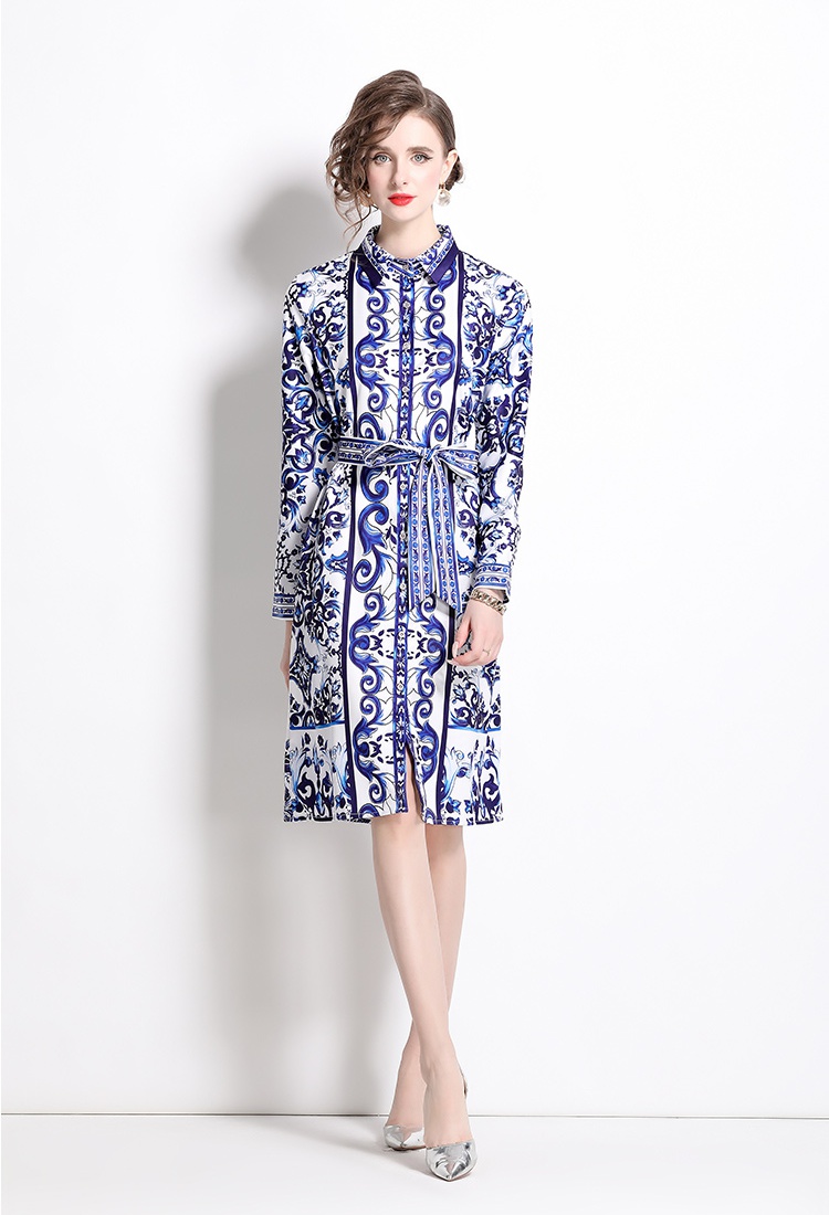 Printing with belt shirt European style loose dress