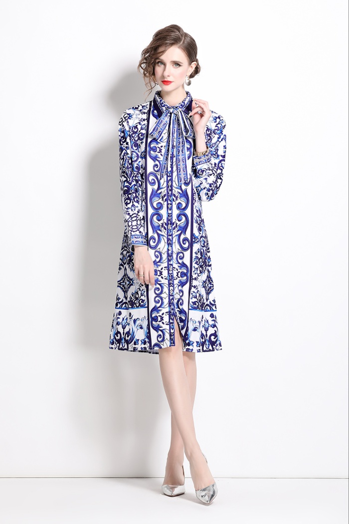 Printing with belt shirt European style loose dress