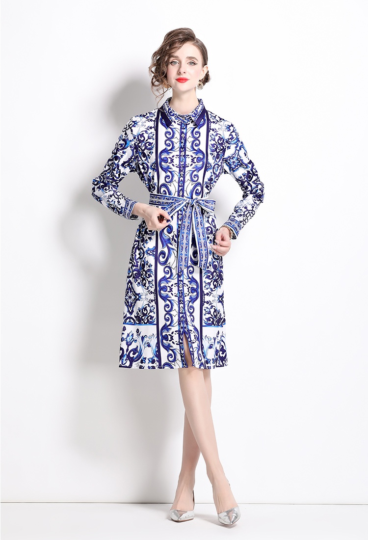 Printing with belt shirt European style loose dress