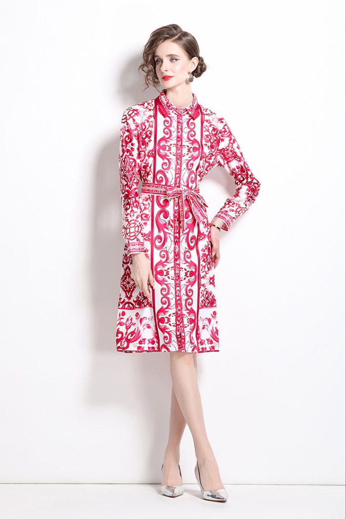 Printing with belt shirt European style loose dress