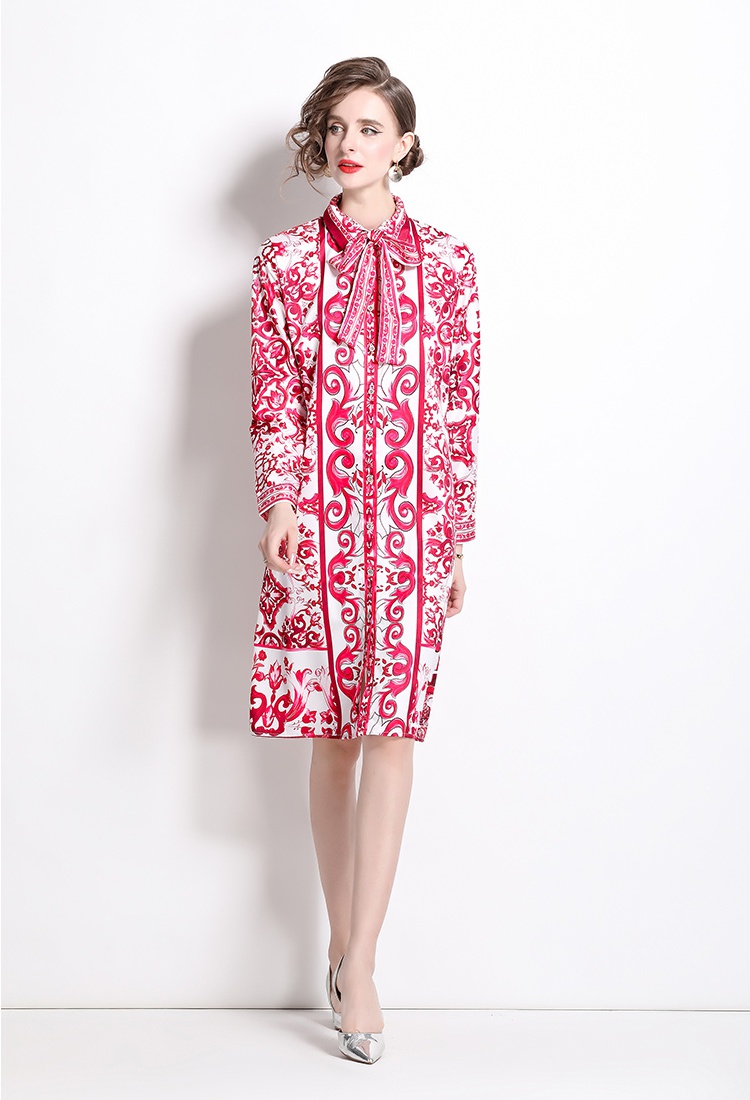 Printing with belt shirt European style loose dress