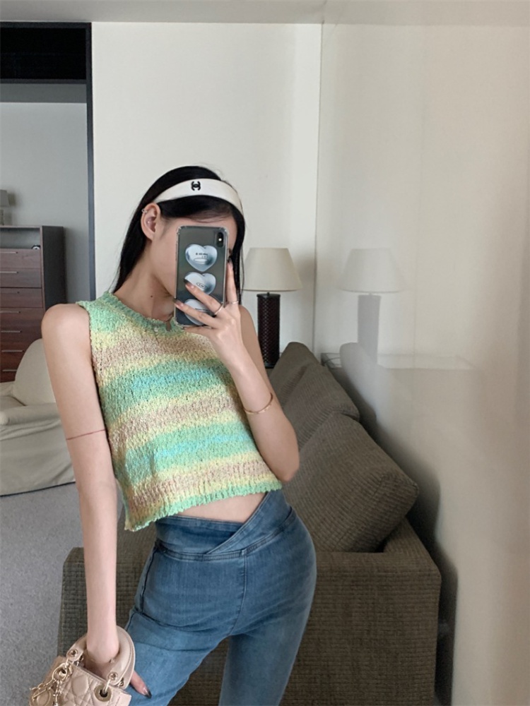 Knitted rainbow tops sleeveless pullover vest