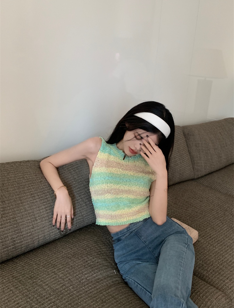 Knitted rainbow tops sleeveless pullover vest