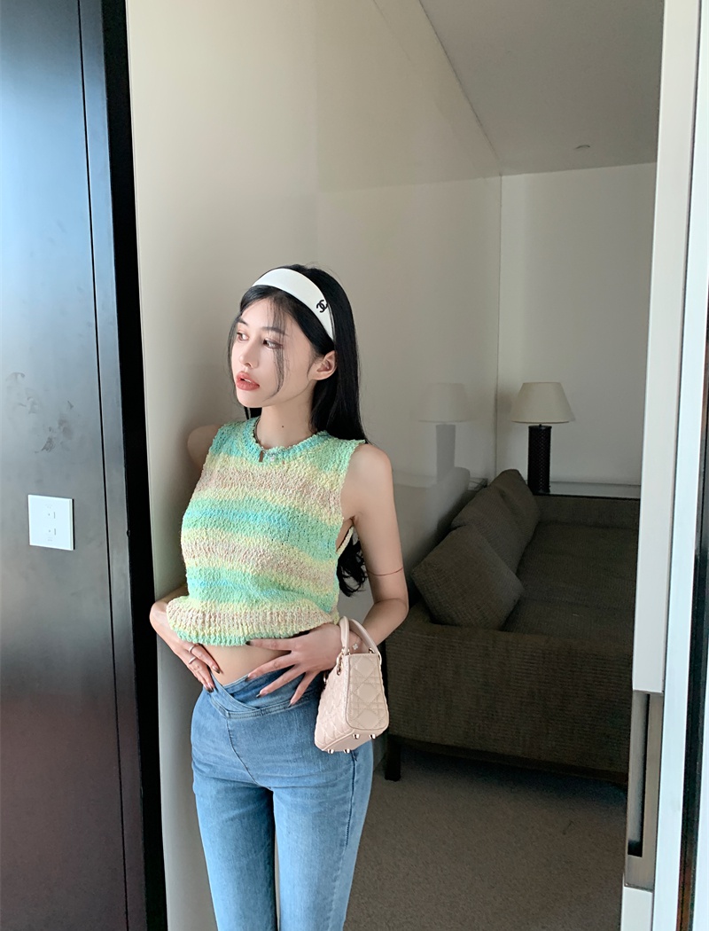 Knitted rainbow tops sleeveless pullover vest