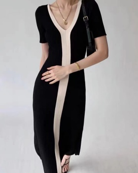 Mixed colors pullover long dress short sleeve dress for women