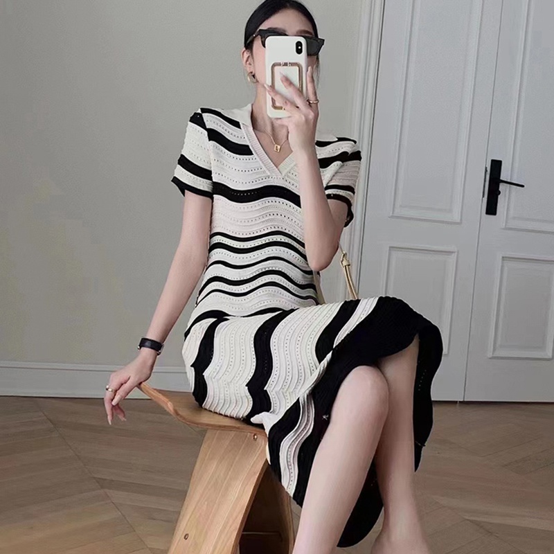 Temperament stripe slim hollow summer short sleeve dress