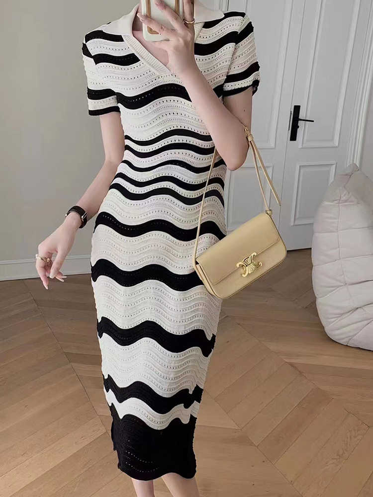 Temperament stripe slim hollow summer short sleeve dress