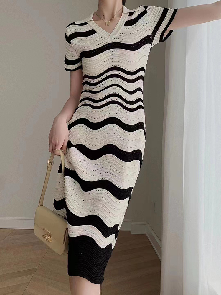 Temperament stripe slim hollow summer short sleeve dress