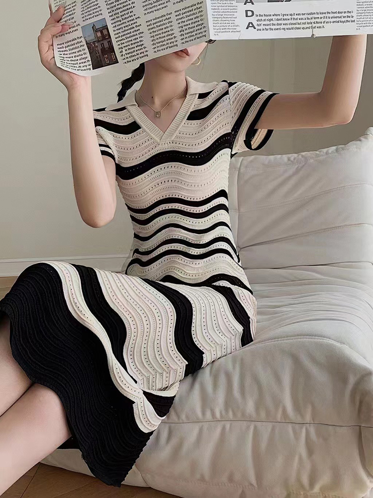 Temperament stripe slim hollow summer short sleeve dress