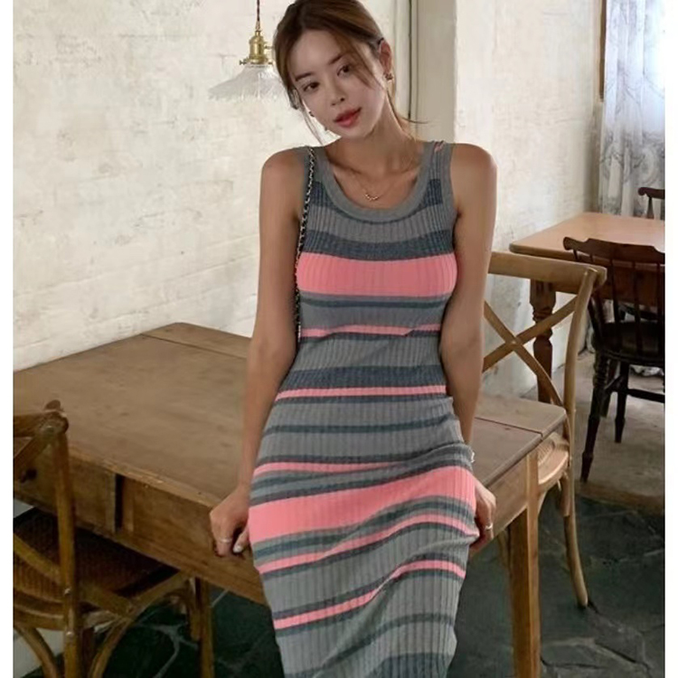 Temperament slim knitted vest rainbow sling dress for women