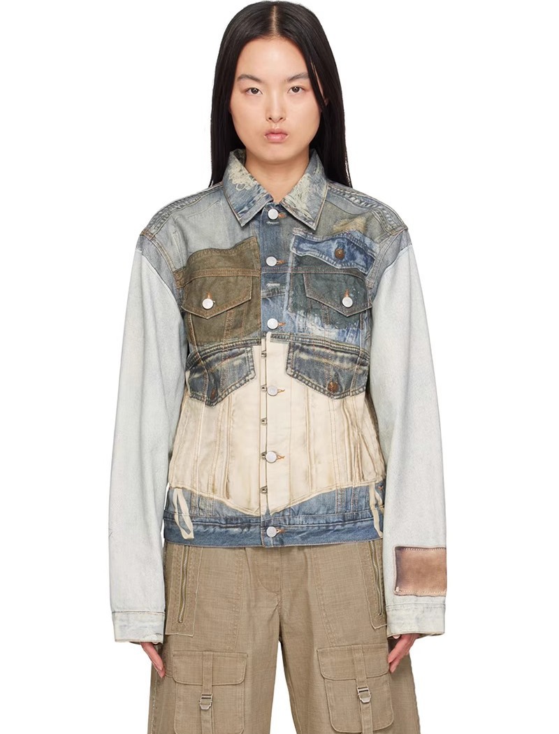 Denim printing shirts pinched waist holes jacket for women