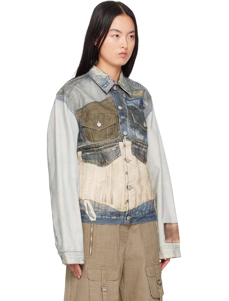 Denim printing shirts pinched waist holes jacket for women