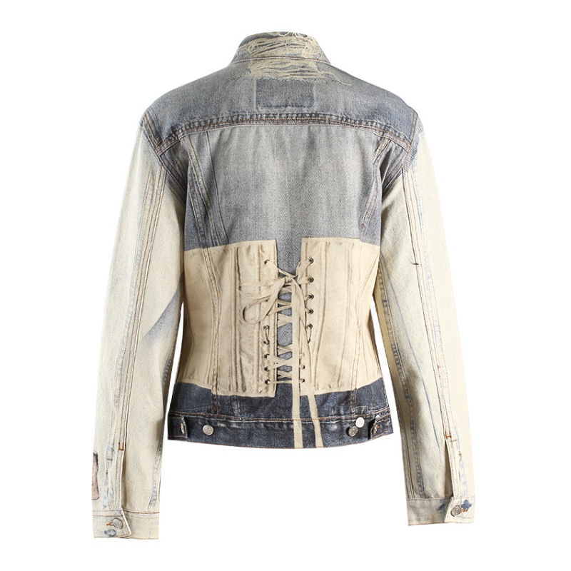 Denim printing shirts pinched waist holes jacket for women