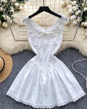 Lady pinched waist retro France style sleeveless sweet dress