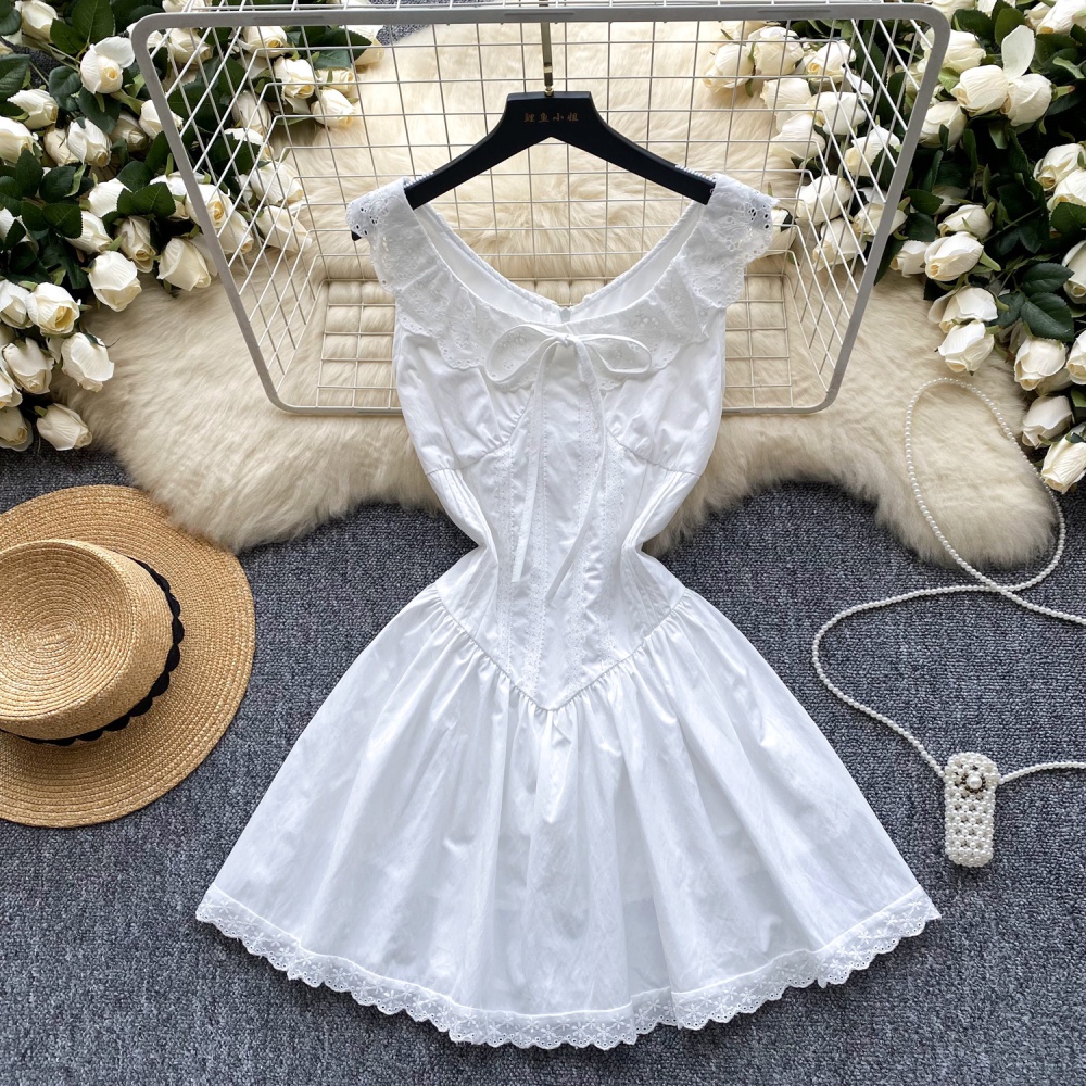 Lady pinched waist retro France style sleeveless sweet dress