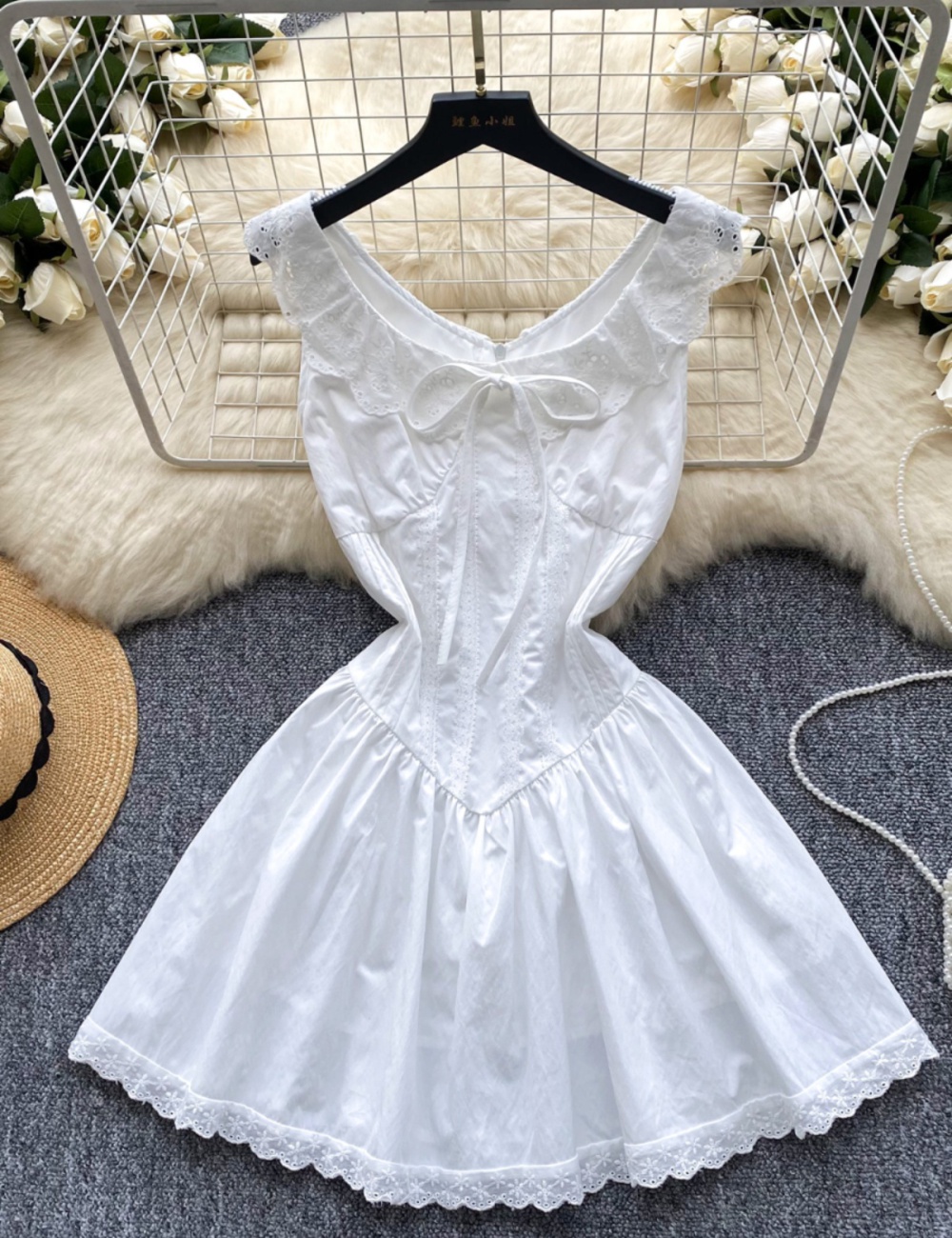 Lady pinched waist retro France style sleeveless sweet dress