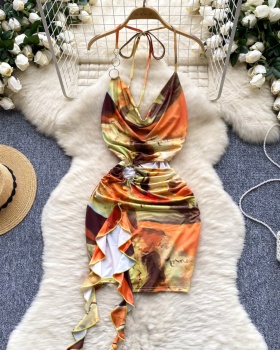 Fold vacation summer halter printing dress for women