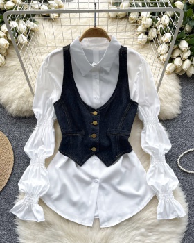 Denim single-breasted vest lantern shirt 2pcs set for women