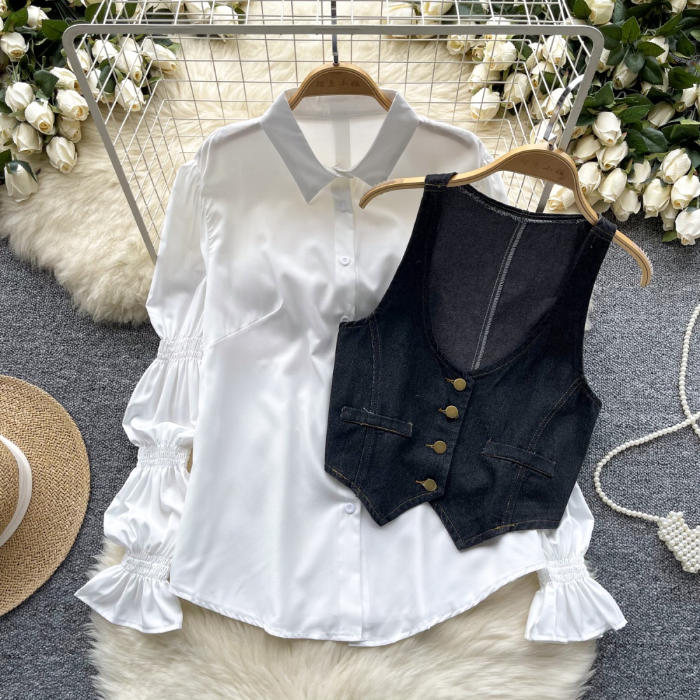 Denim single-breasted vest lantern shirt 2pcs set for women