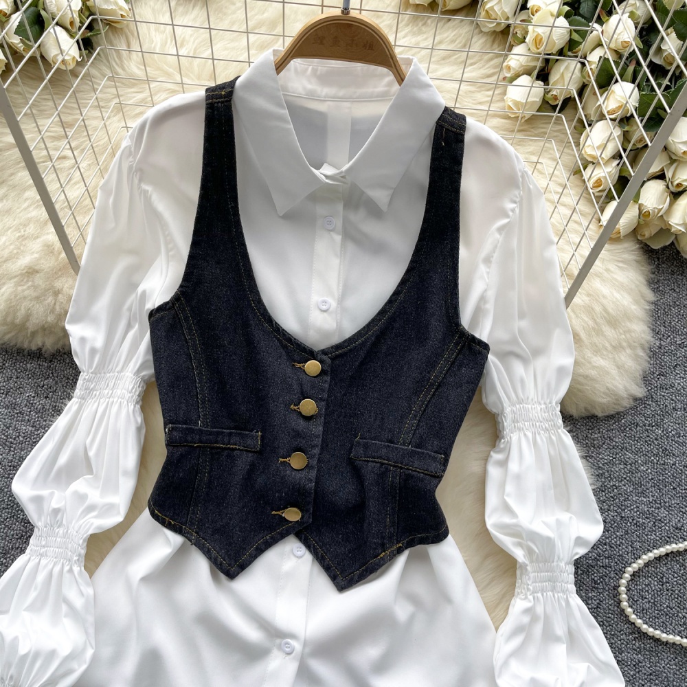 Denim single-breasted vest lantern shirt 2pcs set for women