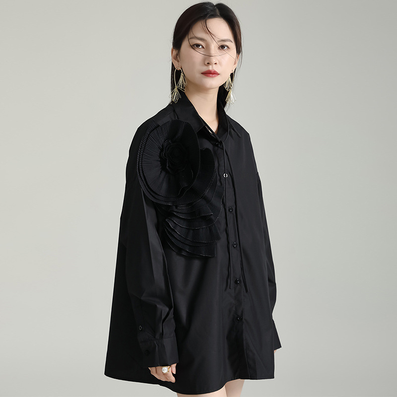 Flowers pleated long sleeve dress loose France style shirt